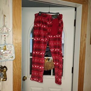 New Laura Ashley Red Fair Isle Dog Plush Sleep Pants With Socks Women's XL